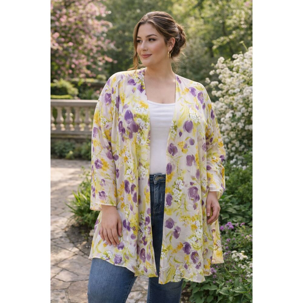 Vintage J.B.S Floral Kimono Lightweight Boho Layering Shoulder Pads Plus Size18W